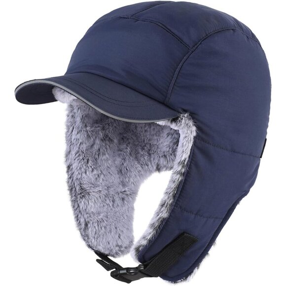 Men's Navy Blue Trapper Ear Flaps Winter Warm Windproof Faux Fur Lined Hat